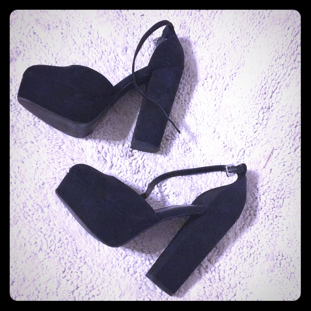 Black platform ankle strap heels